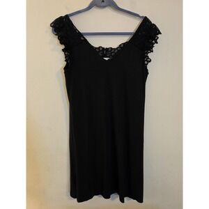 LOFT Women's Size Medium Black Rayon Stretch Lace Sleeve Neck Swing Dress Gothic